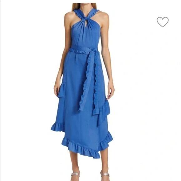 NWT Derek Lam 10 Crosby Dasha Blue Ruffle Trim Asymmetric Halter Midi Dress 10 - Picture 1 of 8
